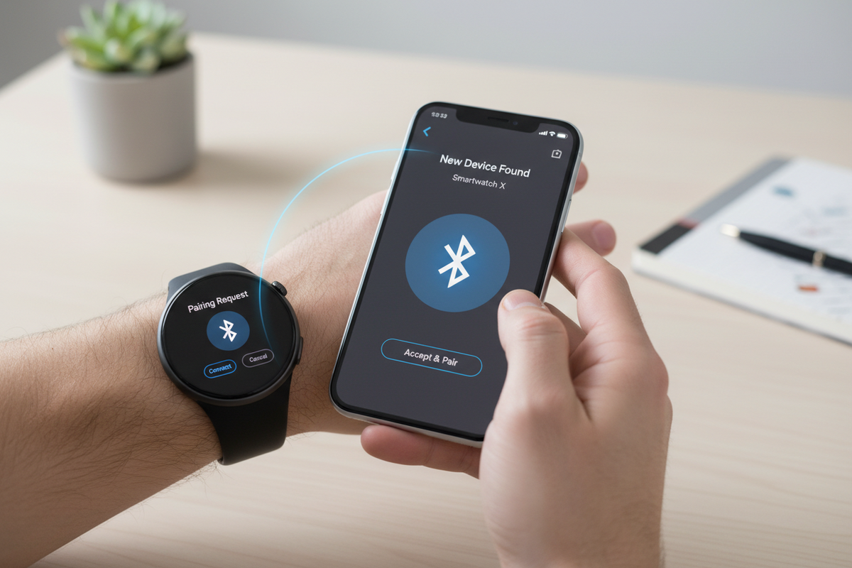 A smartwatch on a wrist held next to a smartphone showing Bluetooth pairing confirmation screens, illustrating how to connect a smartwatch to a phone using the Aolon Connect app