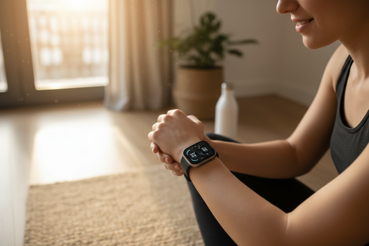 Woman sitting on a yoga mat reviewing HRV and heart rate data on her smartwatch, illustrating how to sync workout training with the menstrual cycle using wearable health metrics like HRV and resting heart rate