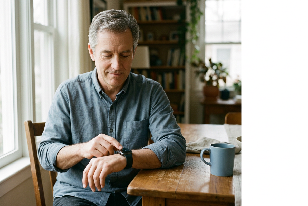 A man rests his forearm on a table and touches the side electrode of his smartwatch to record an ECG at home.